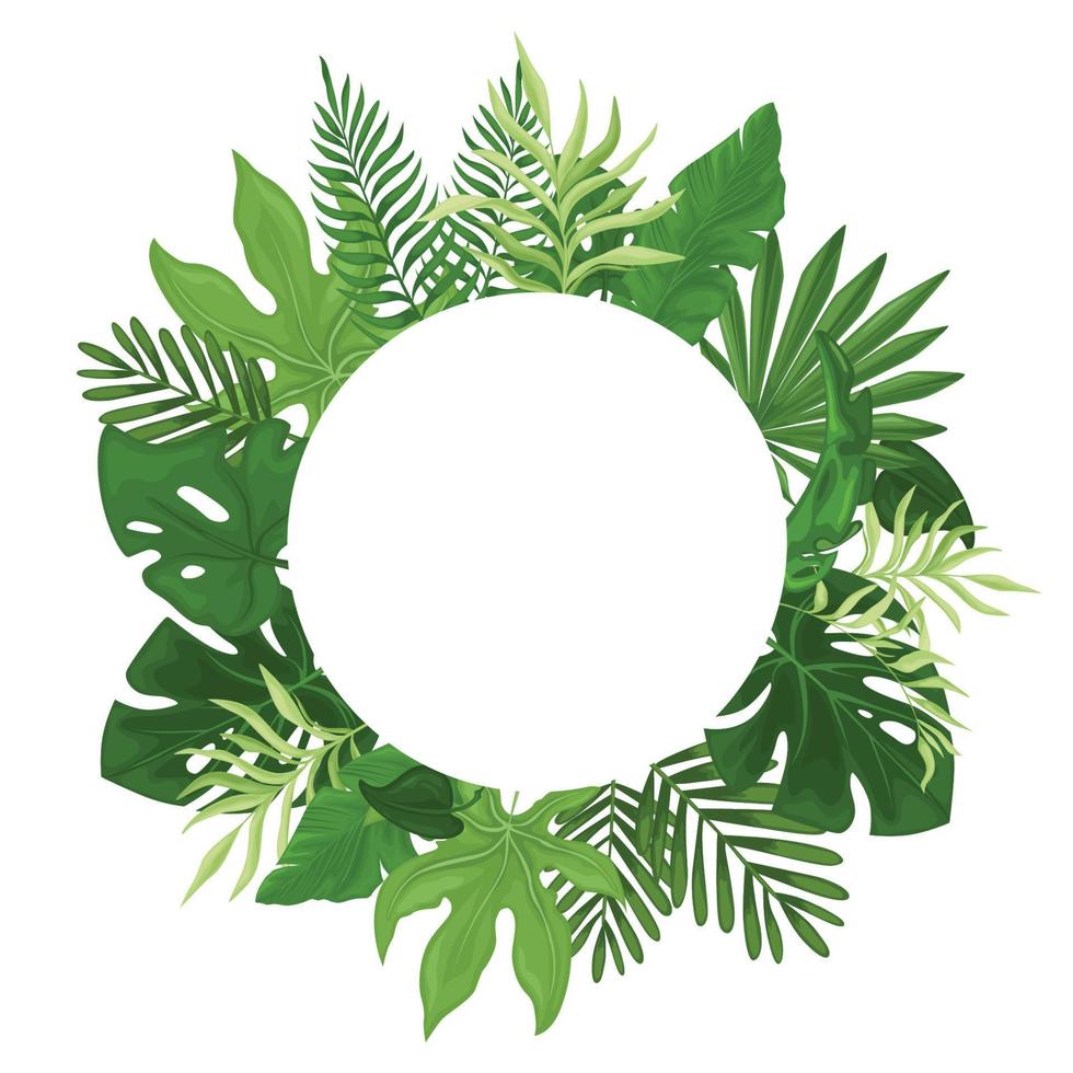 Tropical green palm leaves in a round frame. Hawaiian flyer with palm leaves isolated on white background. Vector