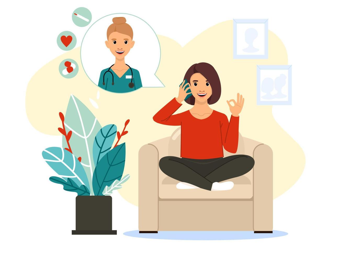 The woman calls the doctor. Online medical consultation. Hospital appointment for video call, covid-19, home treatment. Vector illusion in flat style