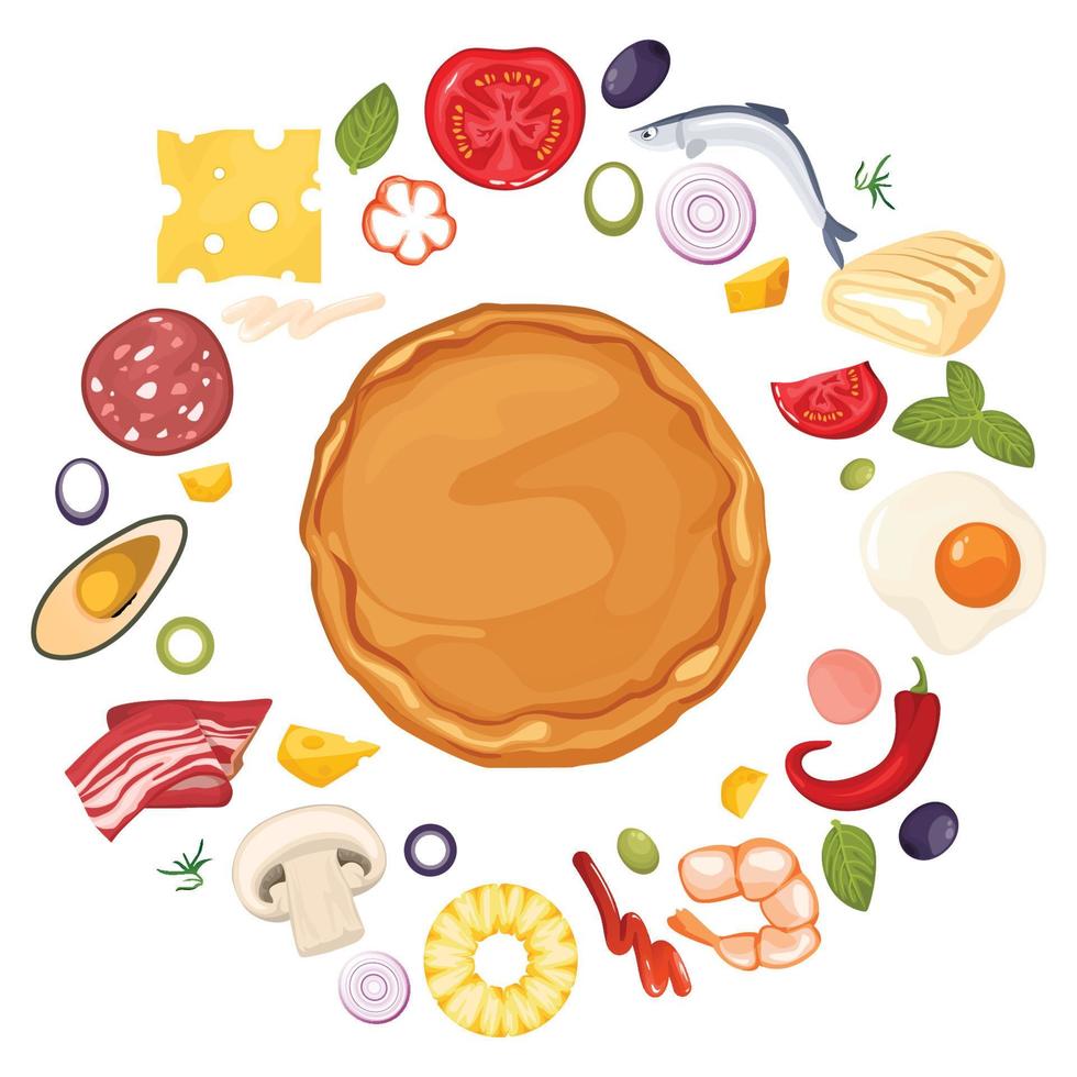 Set of ingredients for collecting pizza, dough, meat and vegetables. Juicy italian pizza constructor circle composition. Vector