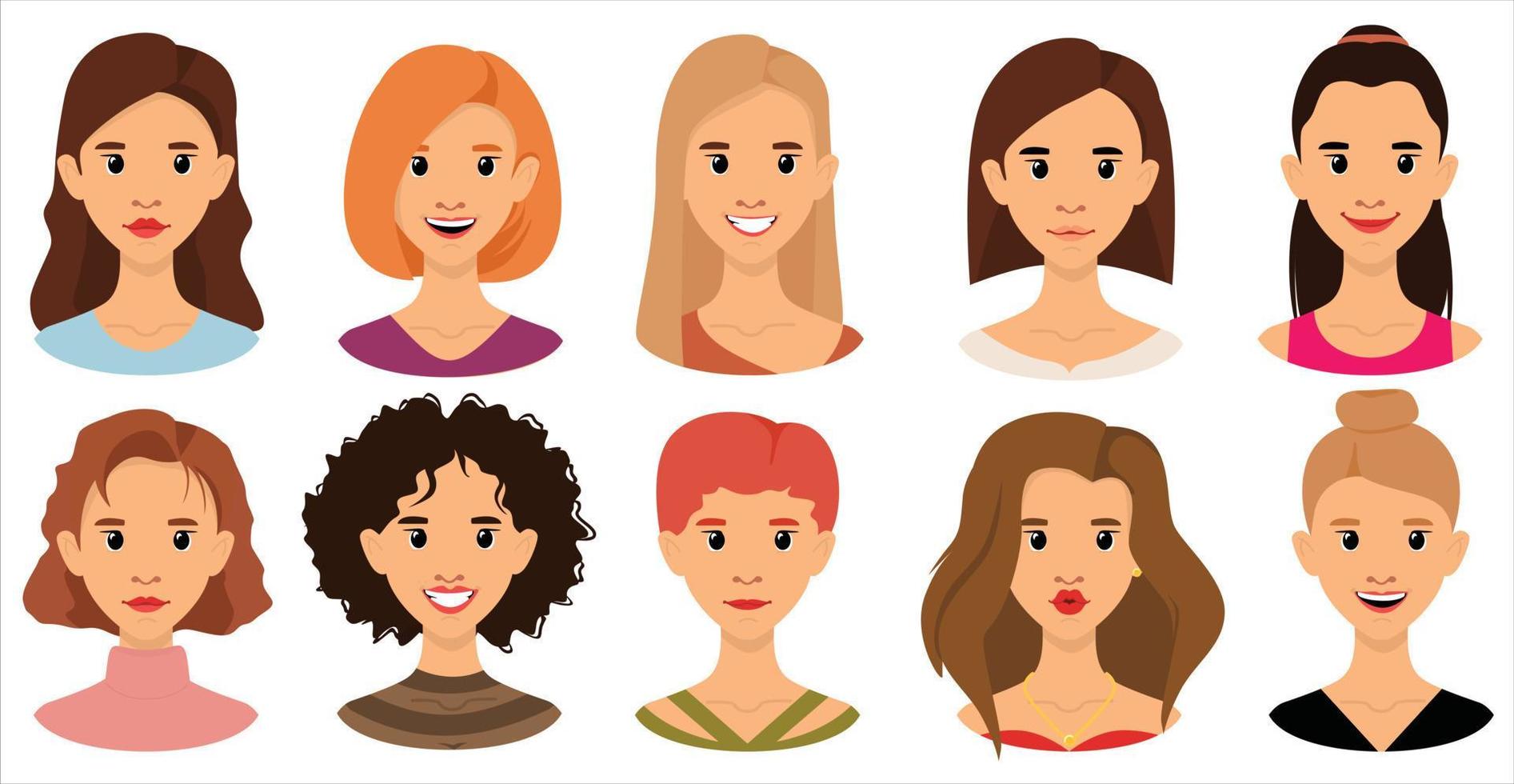 avatar de mujer establece ilustración vectorial plana. retrato de chicas jóvenes con diferentes peinados, hermosas, udybka, diferentes personajes aislados en fondo blanco vector
