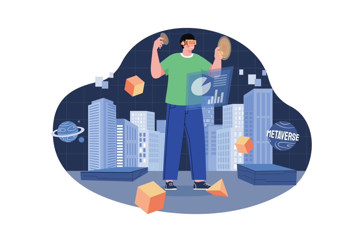 Man experiencing metaverse city Illustration concept. A flat illustration isolated on white background vector