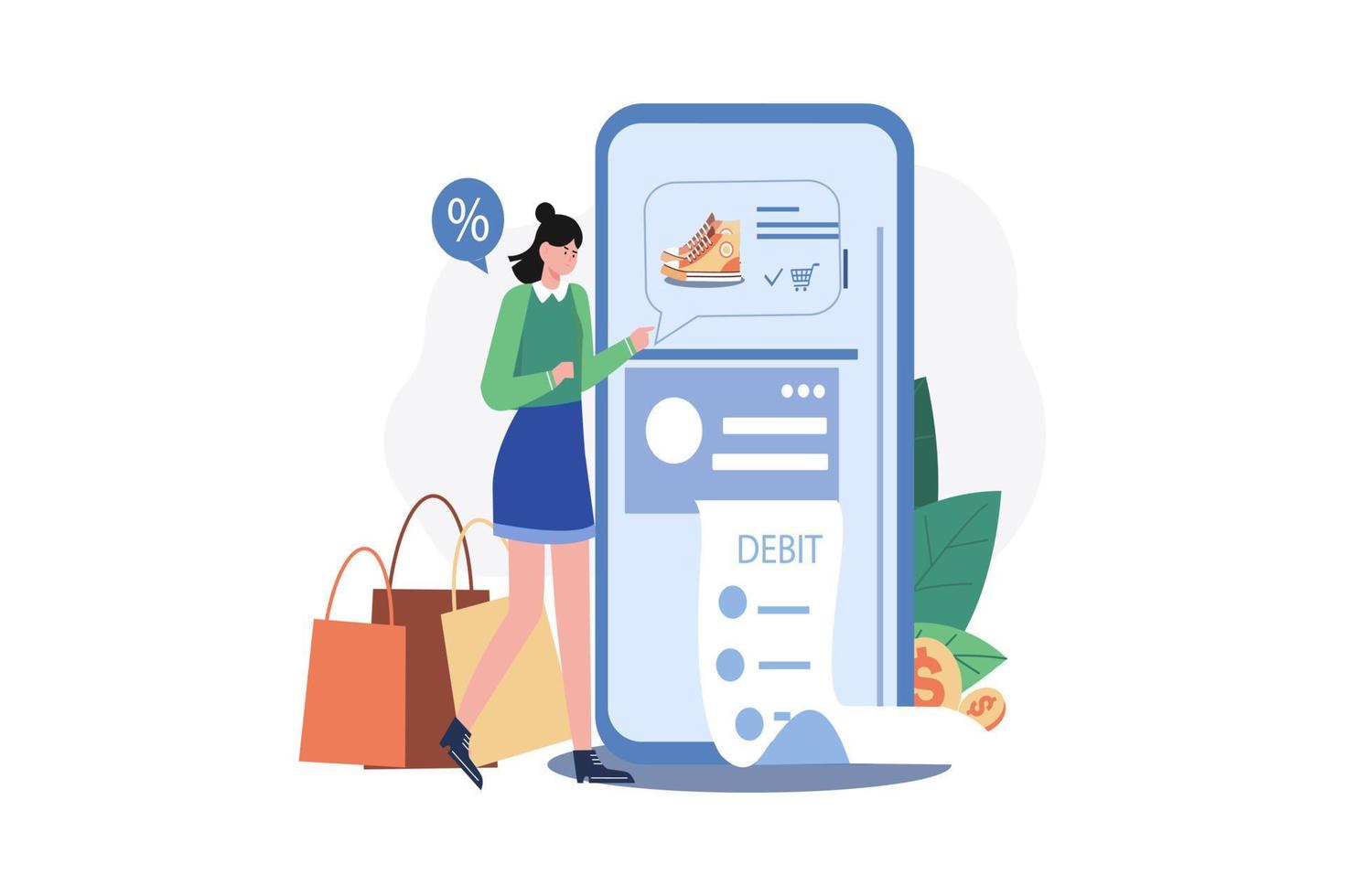 Woman paying online through debit card vector
