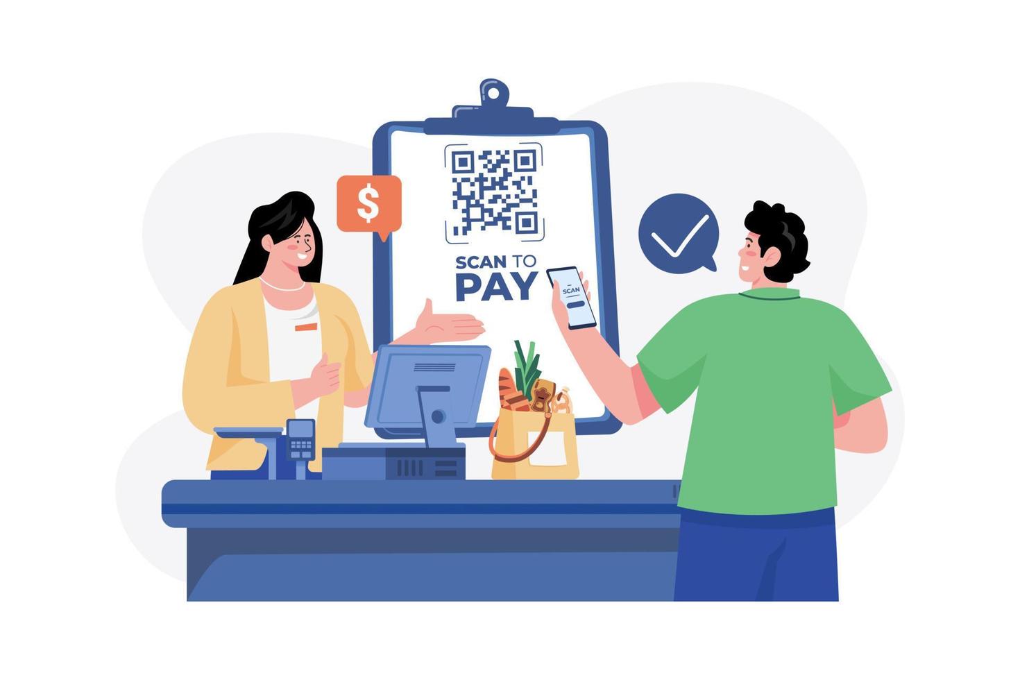 Man doing payment with QR scanner vector
