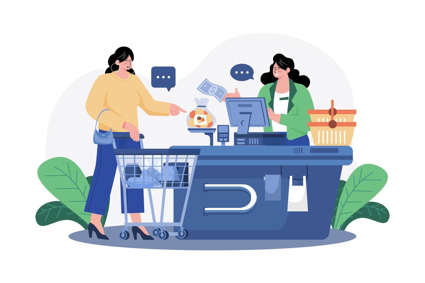 Girl doing payment at the checkout counter vector