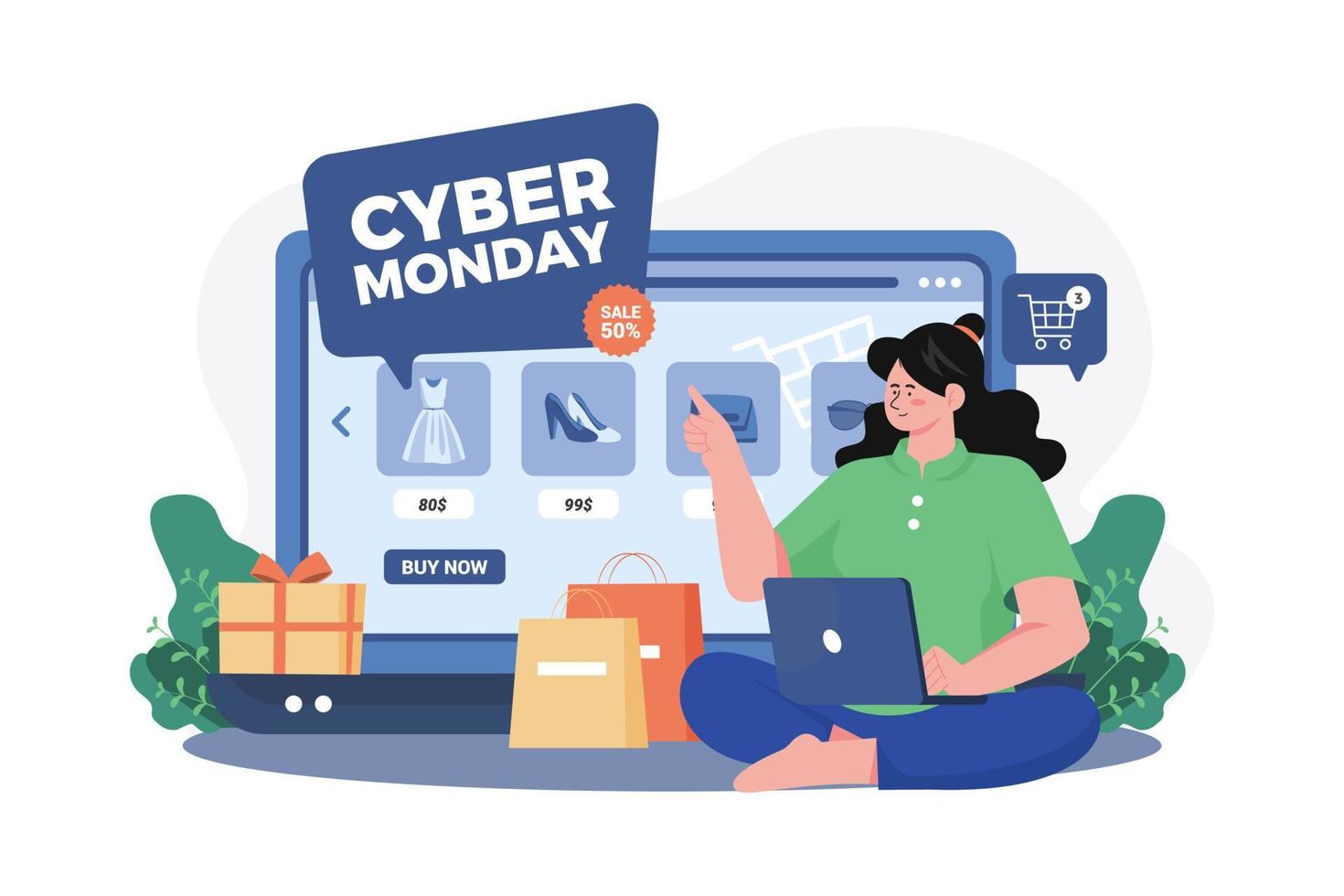Cyber Monday Shopping Illustration concept. A flat illustration isolated on white background vector