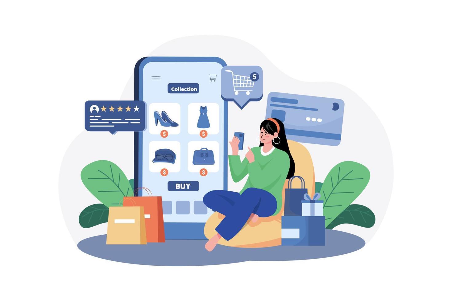 chica haciendo compras en línea por teléfono inteligente vector