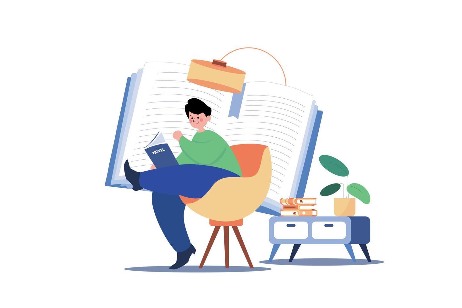 hombre leyendo una novela en el tiempo libre vector