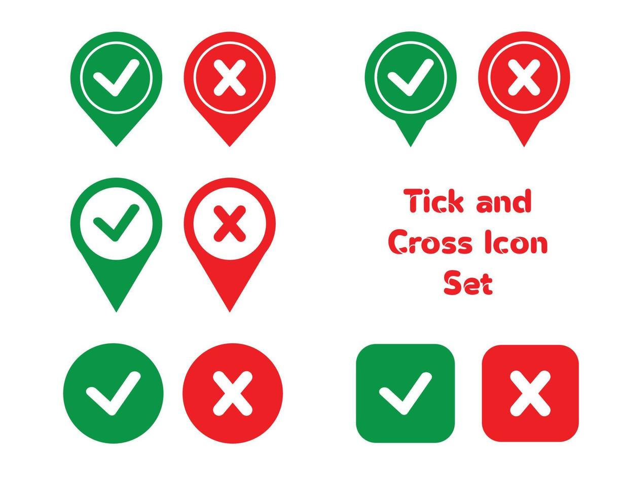 Tick and cross signs. Green checkmark OK and red X icons, isolated on white background. Grunge marks graphic design. Circle symbols YES and NO button for vote, decision, web. Vector illustration