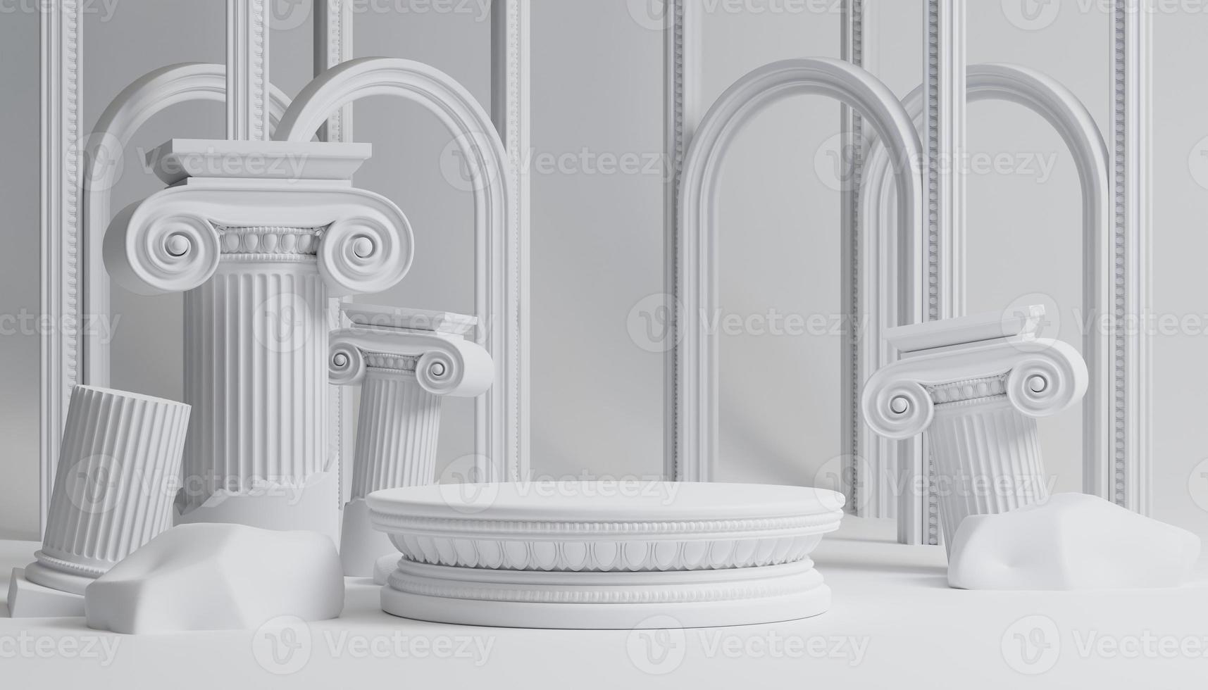 Podio de lujo 3d con columna romana para fondo de producto con fondo blanco para presentación de marca ilustración de representación 3d. foto