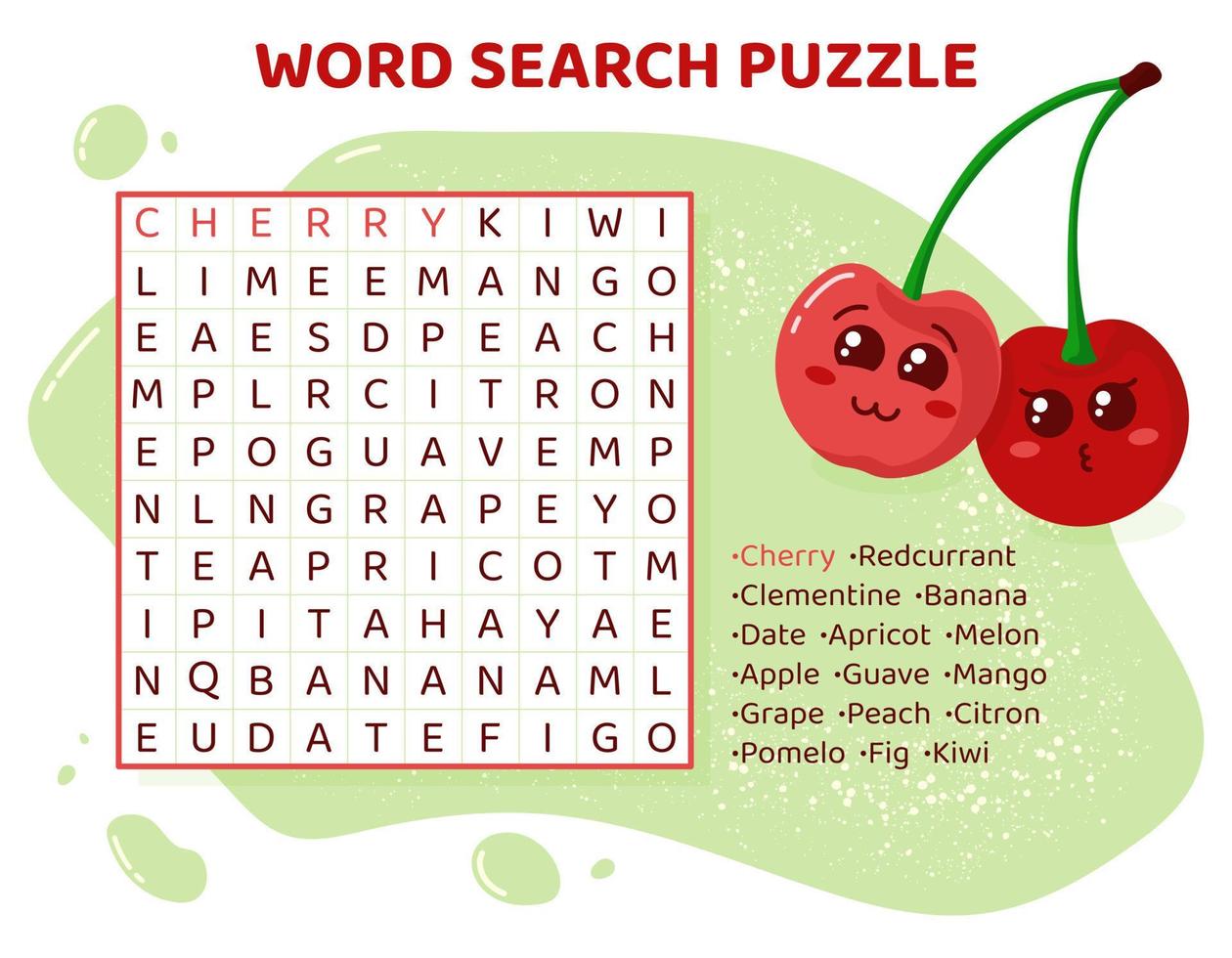 Word search puzzle with fruits and berries. Education game for children. Learning English language. Cartoon spelling puzzle. Test for kids Crossword book. Vector illustration.