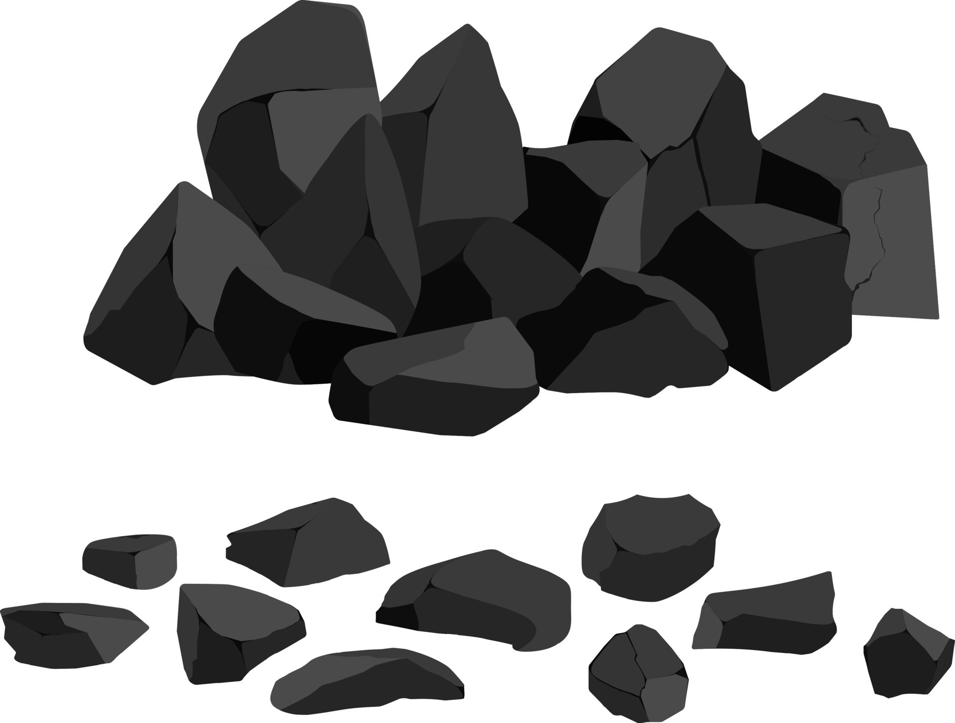A set of black charcoal of various shapes.Collection of pieces of coal