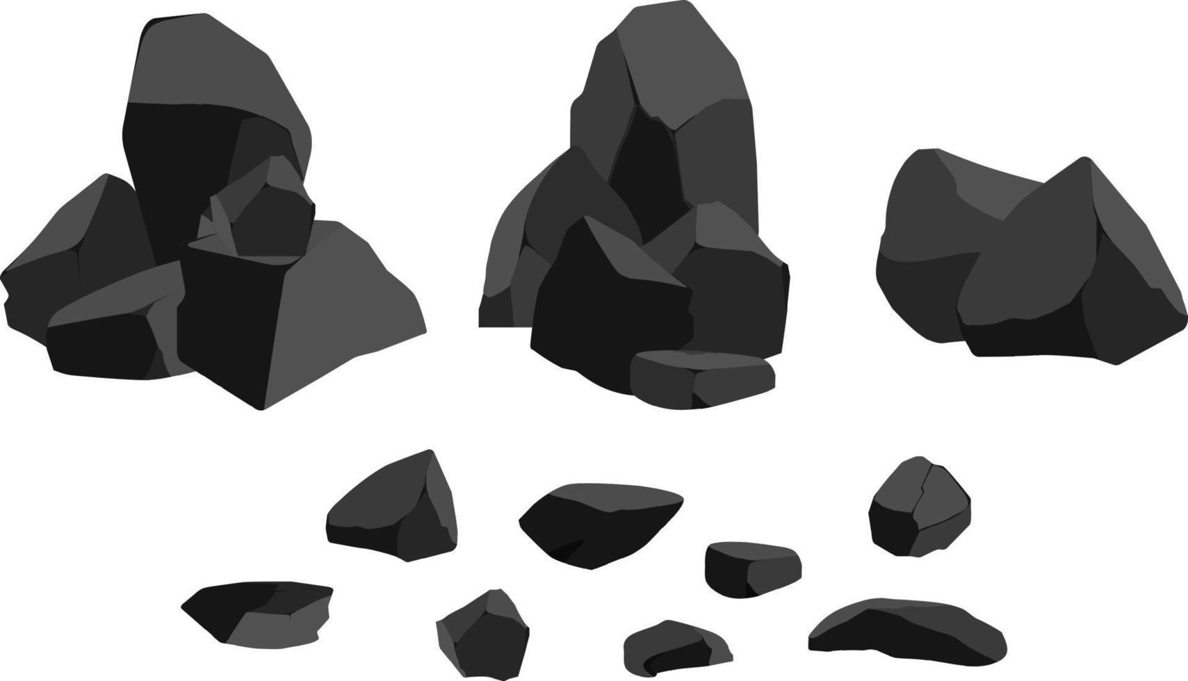 A set of black charcoal of various shapes.Collection of pieces of coal, graphite, basalt and anthracite. The concept of mining and ore in a mine.Rock fragments,boulders and building material. vector