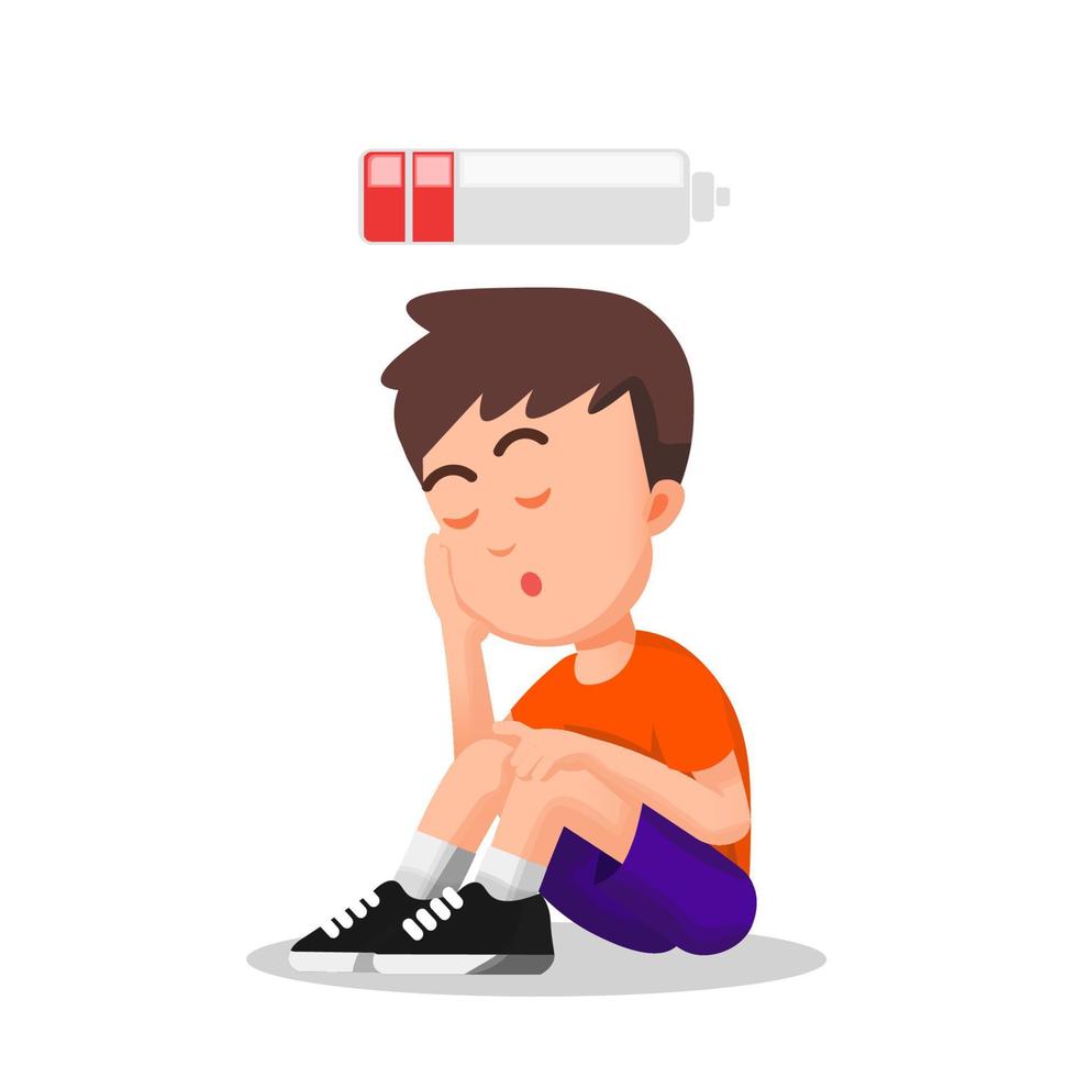 a boy feels very tired and sits on the floor vector