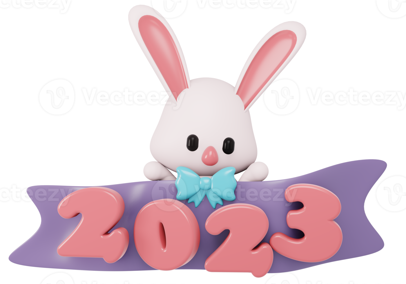3D Render New Year 2023 number with cute rabbit zodiac cartoon style. 3D Render illustration. png