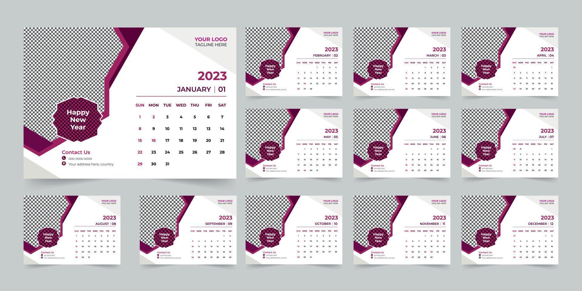 vector de plantilla de diseño de calendario de escritorio de año nuevo moderno 2023, plantilla de diseño de calendario creativo de alta calidad listo para imprimir