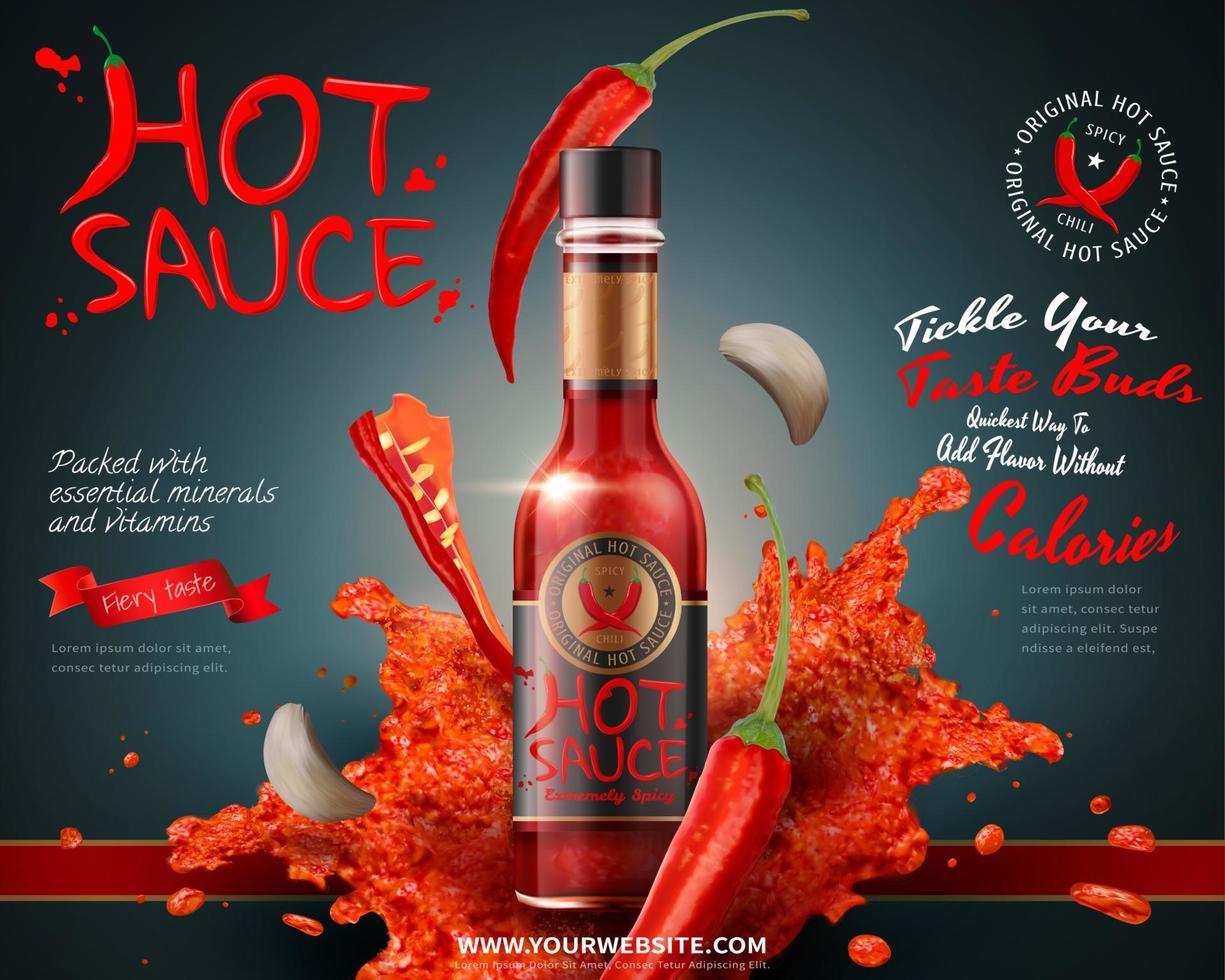 Hot sauce product ads with flying ingredients and garlic in 3d illustration vector