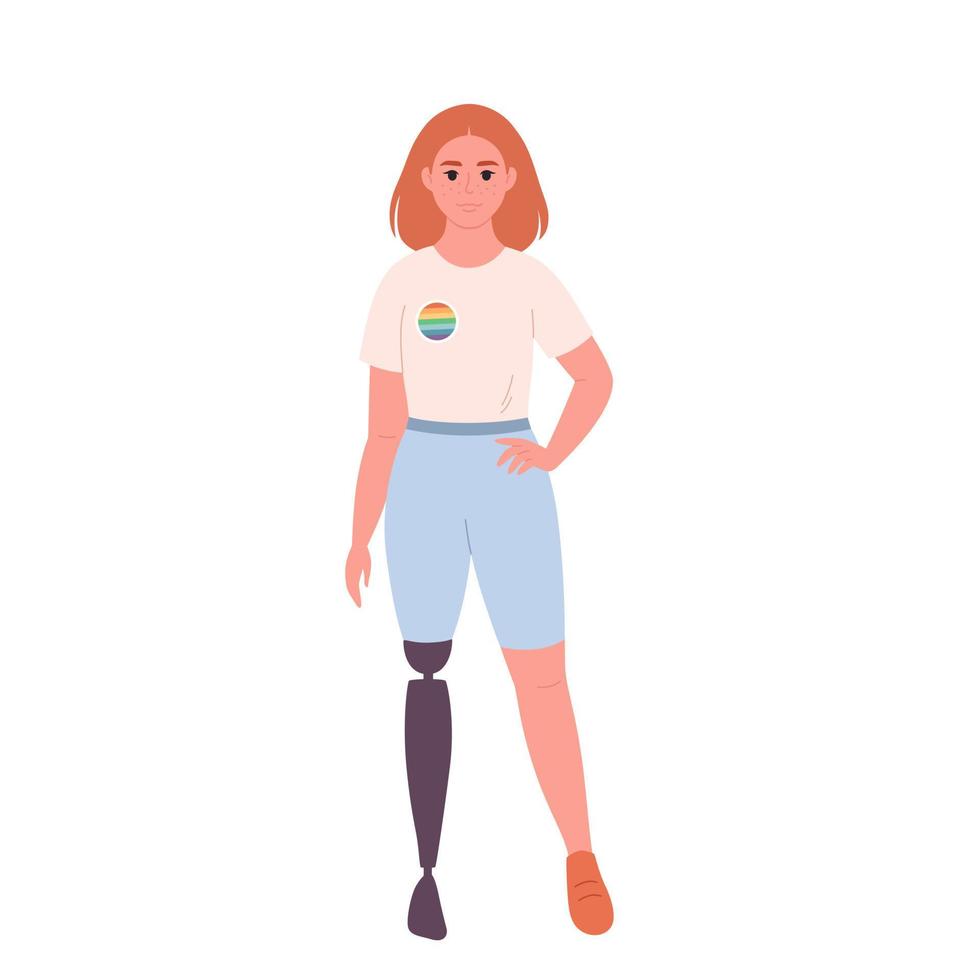 Young character with LGBTQ pin. She, he, they, non-binary. Gender-neutral movement. LGBTQ community. Woman with physical disability vector