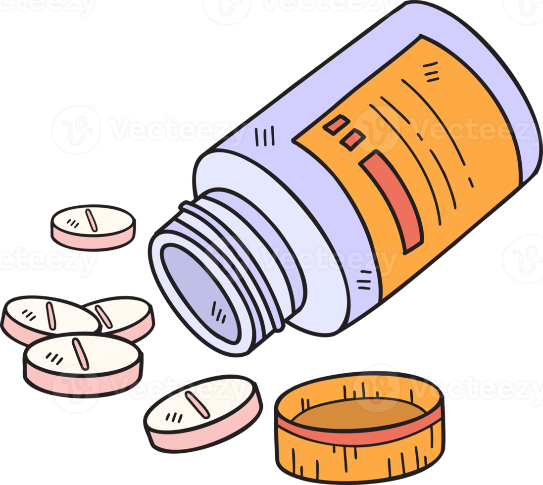 pilules dessinées à la main et illustration de bouteilles de médicaments png