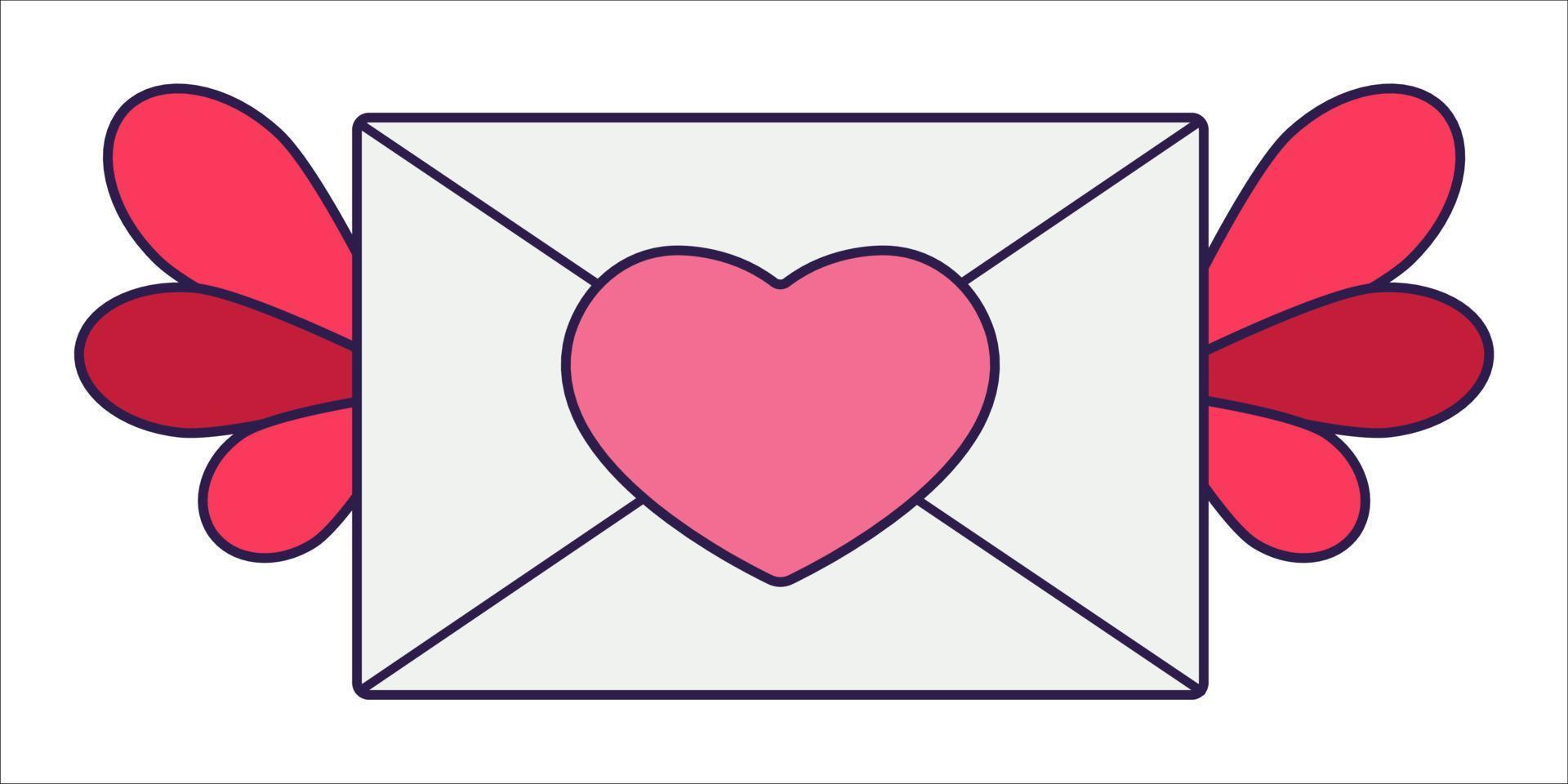 Retro Valentine Day icon of the envelope with heart and wigs. Love symbol in the fashionable pop line art style. The cute letter is in soft pink, red, and coral color. Vector illustration isolated.