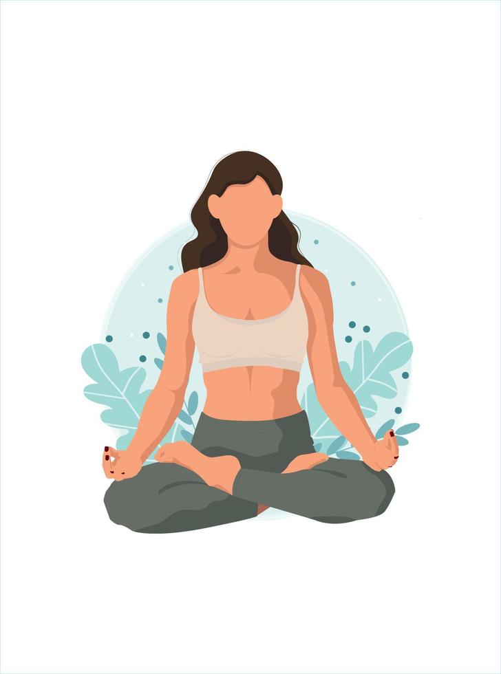 Yoga health benefits of the body, mind and emotions. Pretty young woman in lotus pose, vector flat illustration.