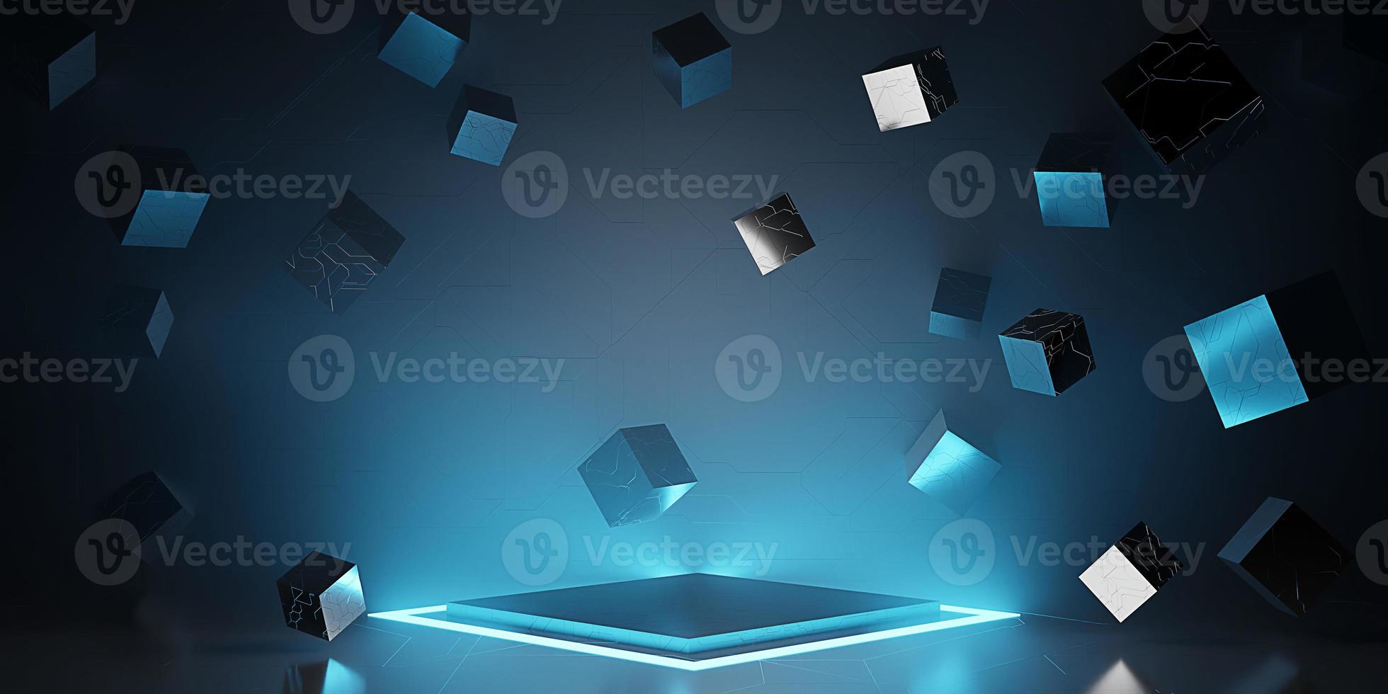 ray reflection background cube modern showroom empty scene neon light and laser technology 3d illustration photo