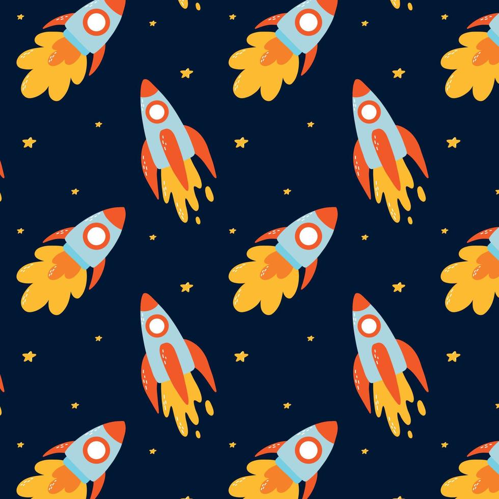 Childish seamless pattern with rockets and stars. Kisds space print. Vector illustration in flat cartoon style.