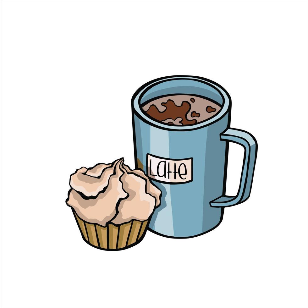 taza de café y cupcake con ilustración de crema vector