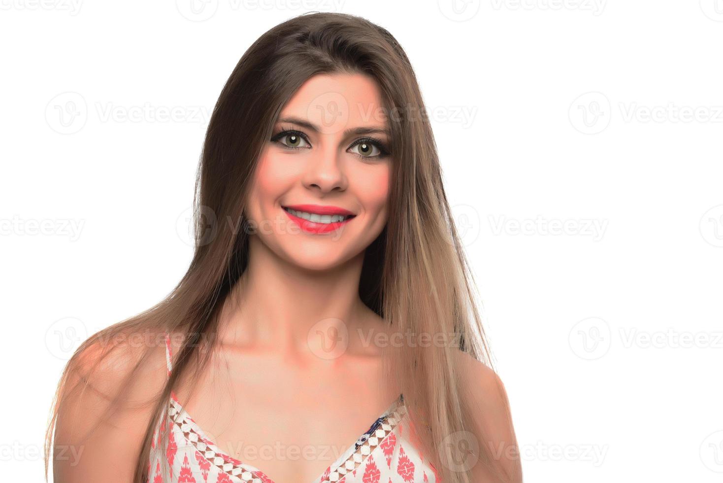 Young woman standing pose with everyday gestural movements, isolated on studio background. photo