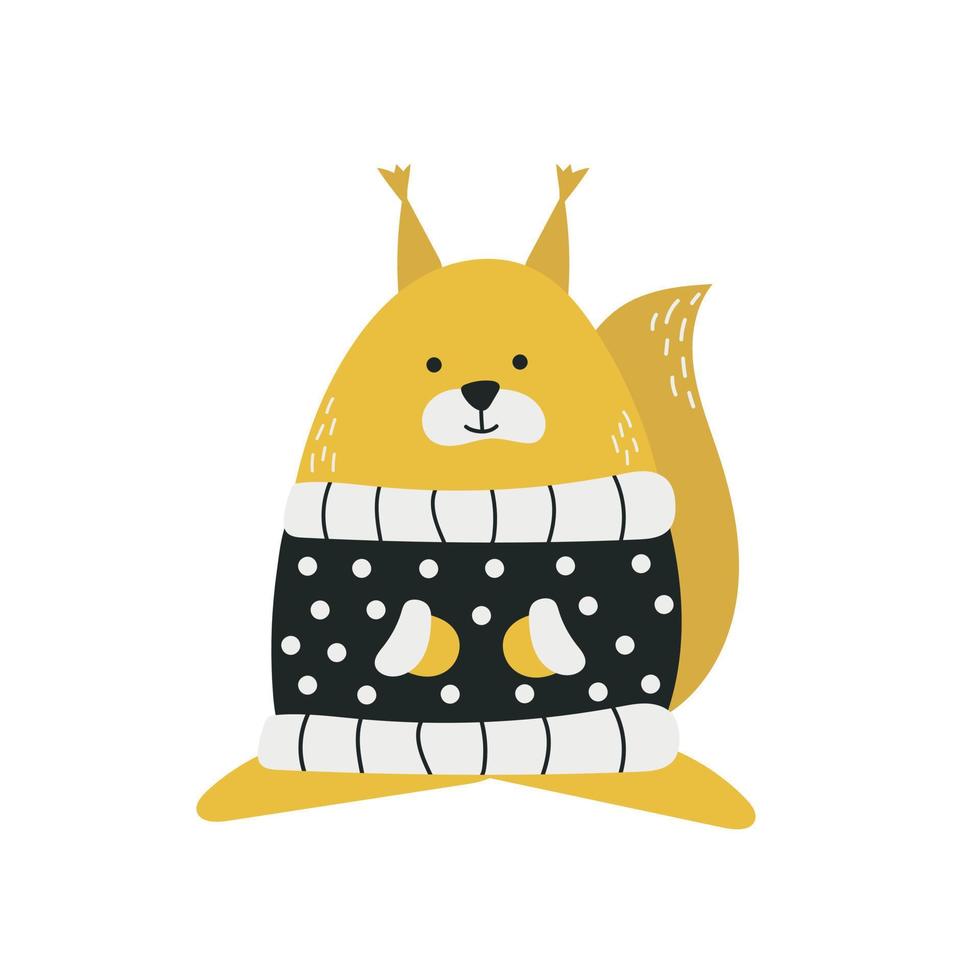 Funny hand-drawn squirrel in sweater on white background. Vector illustration. Scandinavian minimalistic children style, black and yellow color