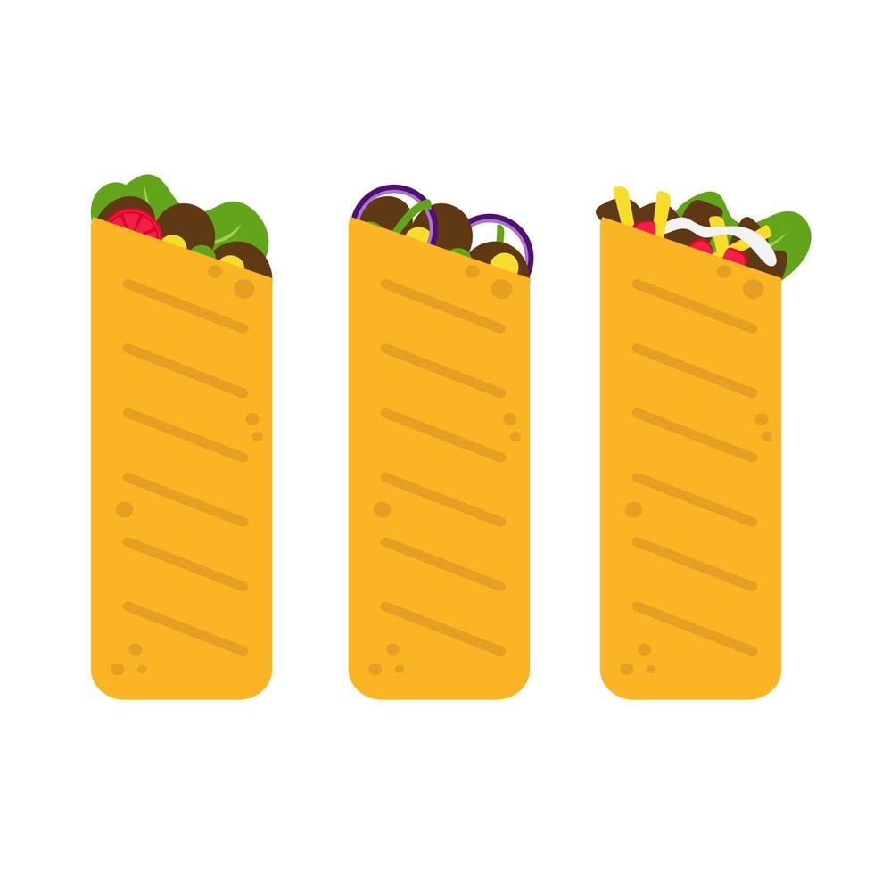 icono de burrito aislado sobre fondo blanco. icono de kebab. icono de tres burritos. vector