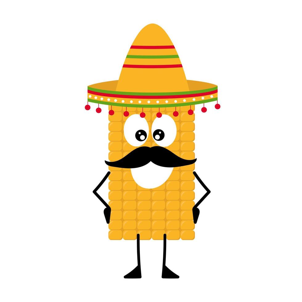 Vector mascot, cartoon and illustration of a mustache corn wearing sombrero. Traditional Mexican Cuisine. Cartoon on white