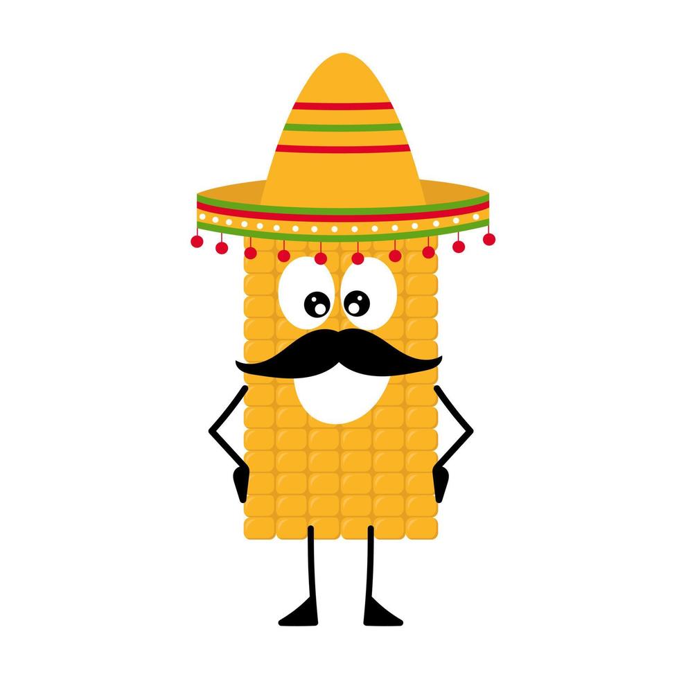 mascota vectorial, dibujos animados e ilustración de un maíz con bigote con sombrero. cocina tradicional mexicana. caricatura en blanco vector