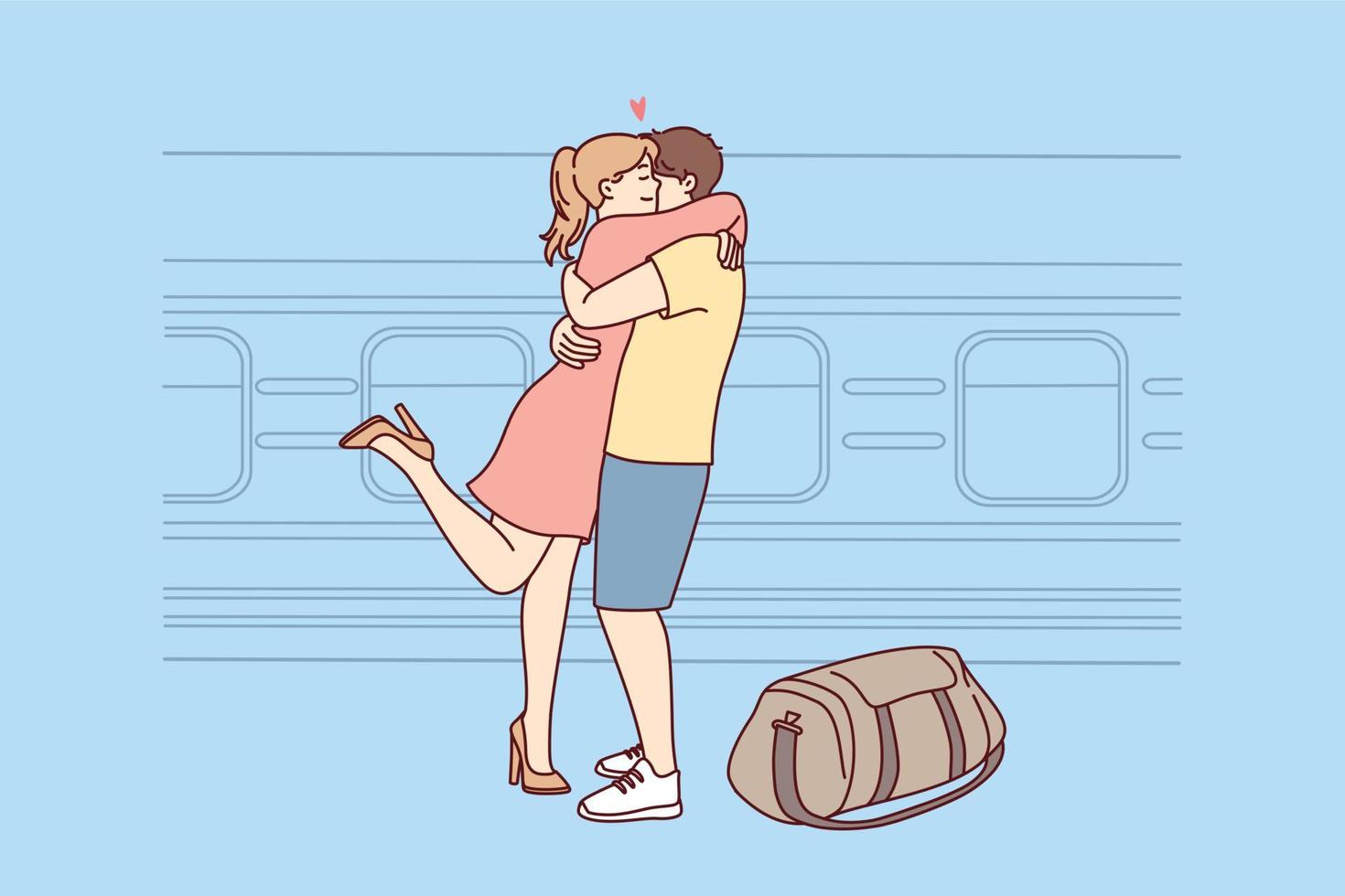Happy couple hug meet at railway station. Smiling girl embrace guy welcome near train. Long distance relationship. Vector illustration.