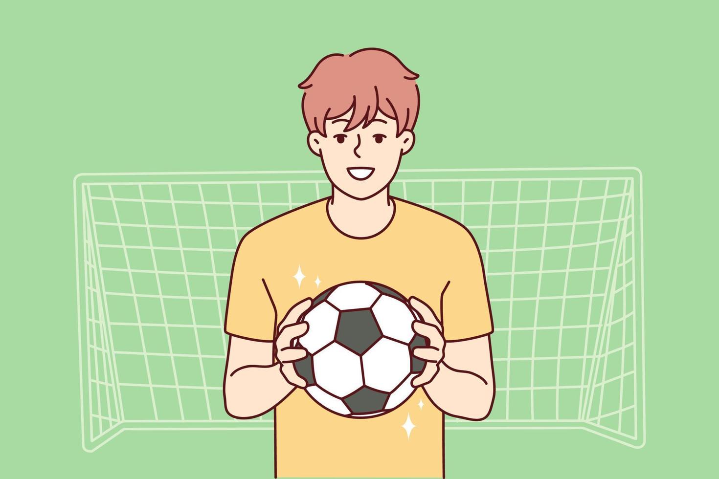 Smiling guy with ball stand near gates playing football. Happy male athlete or sportsman enjoy soccer game outdoors. Goalkeeper near net. Vector illustration.