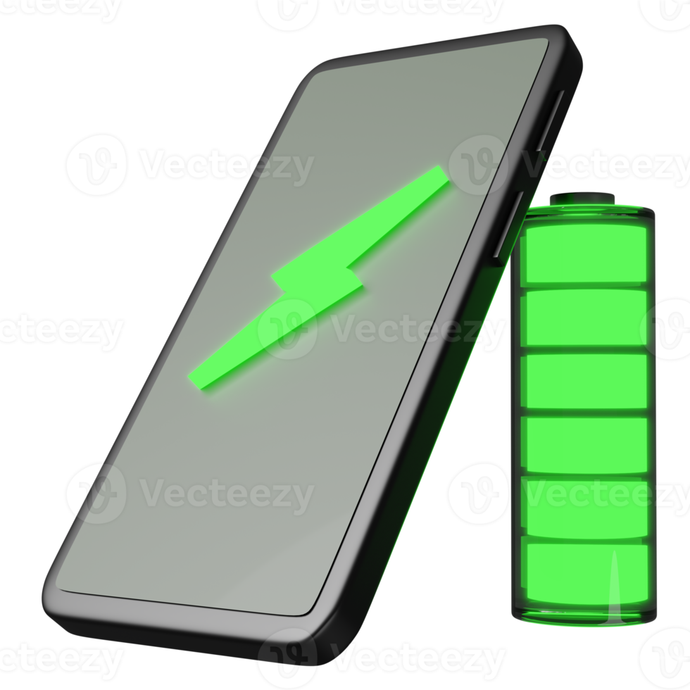 smartphone eller mobil telefon laddning med batteri avgift indikator isolerat. laddning batteri teknologi begrepp, 3d illustration, 3d framställa png