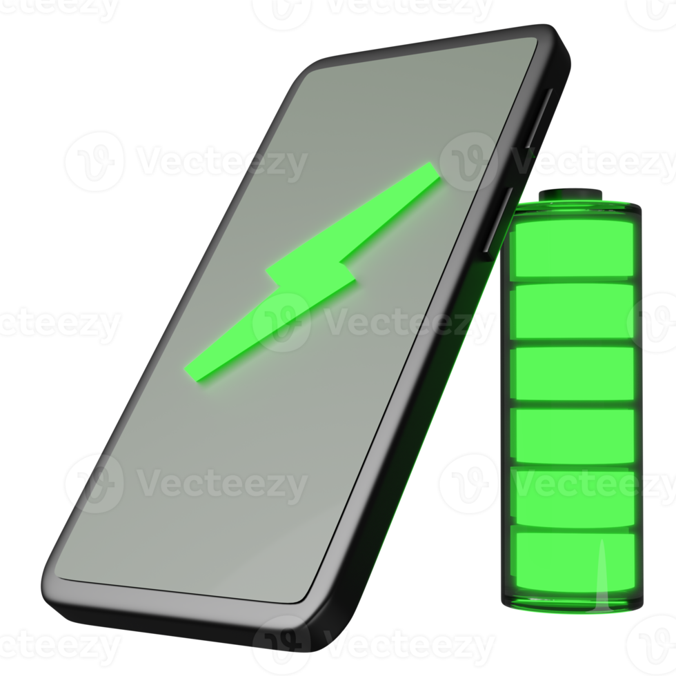 Aufladen von Smartphones oder Mobiltelefonen mit isolierter Batterieladeanzeige. Ladebatterie-Technologiekonzept, 3D-Illustration, 3D-Rendering png