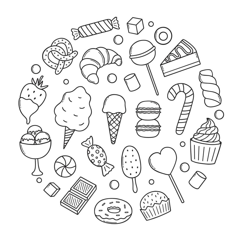 conjunto de garabatos de dulces y caramelos. postres en estilo boceto. ilustración vectorial dibujada a mano aislada sobre fondo blanco vector