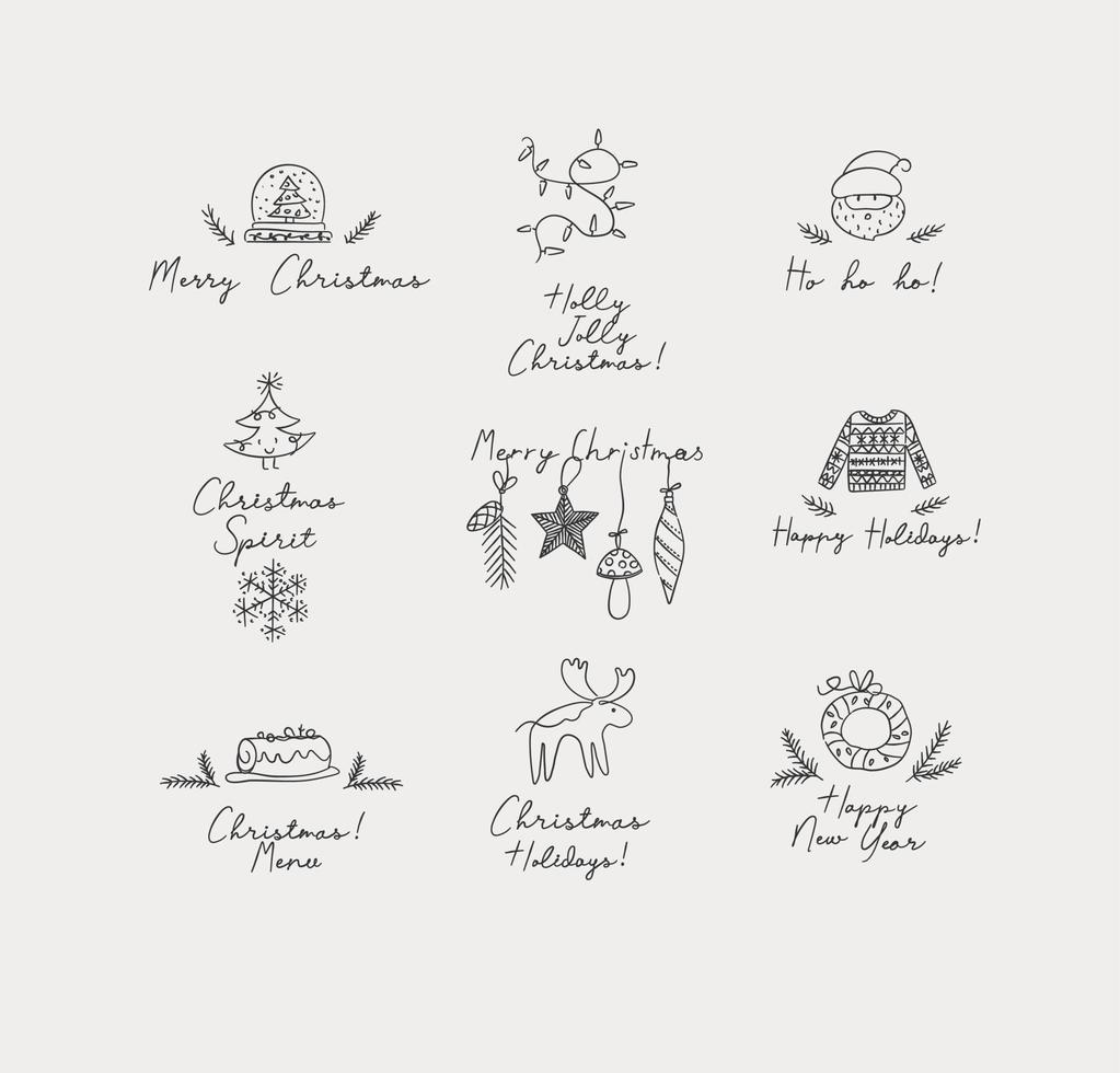 etiquetas de navidad con dibujo de letras en estilo de boceto a mano sobre fondo gris vector