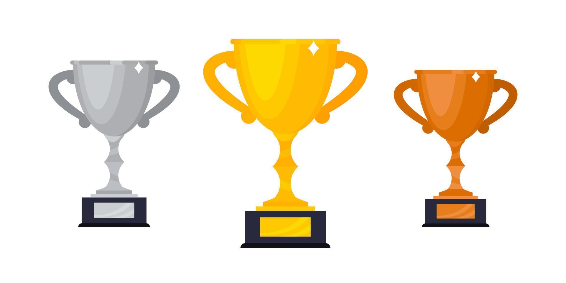 Gold, silver and bronze award trophy goblet cup icon sign flat style design vector illustration.