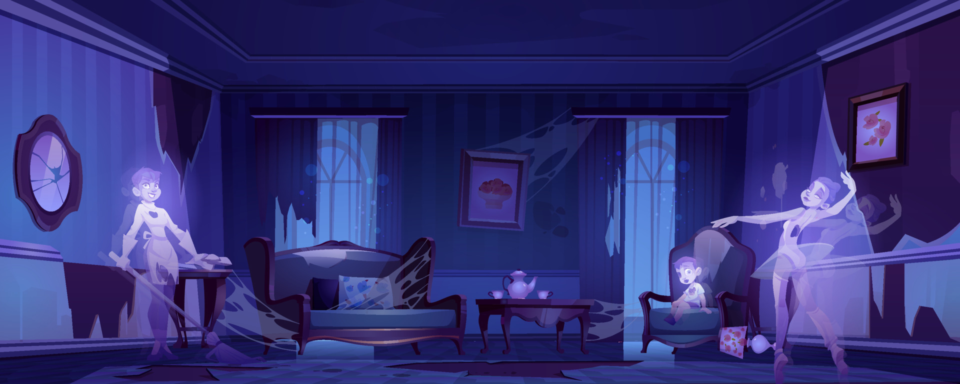 Ghosts in old abandoned living room 19200329 Vector Art at Vecteezy