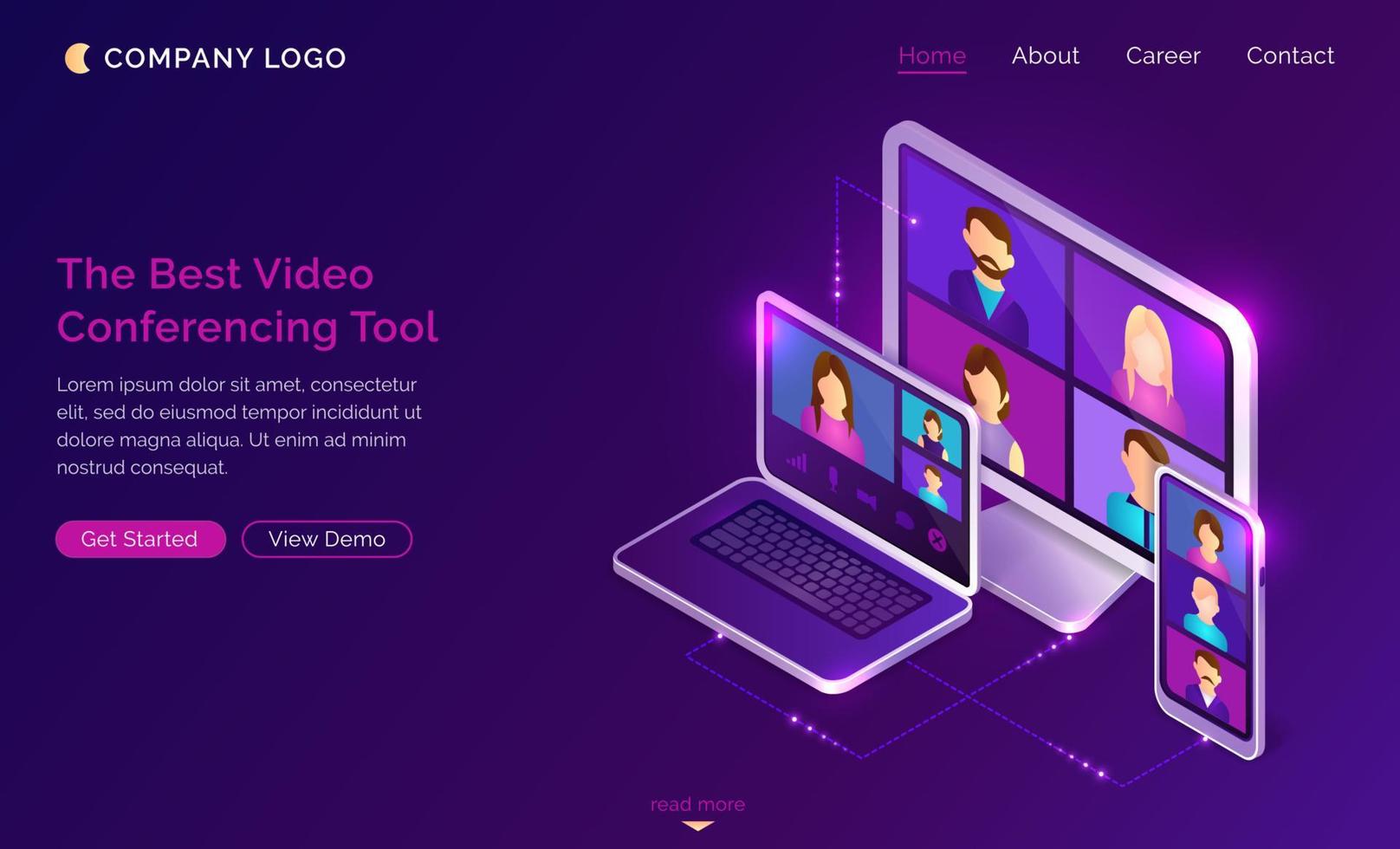Video conference online call isometric landing vector