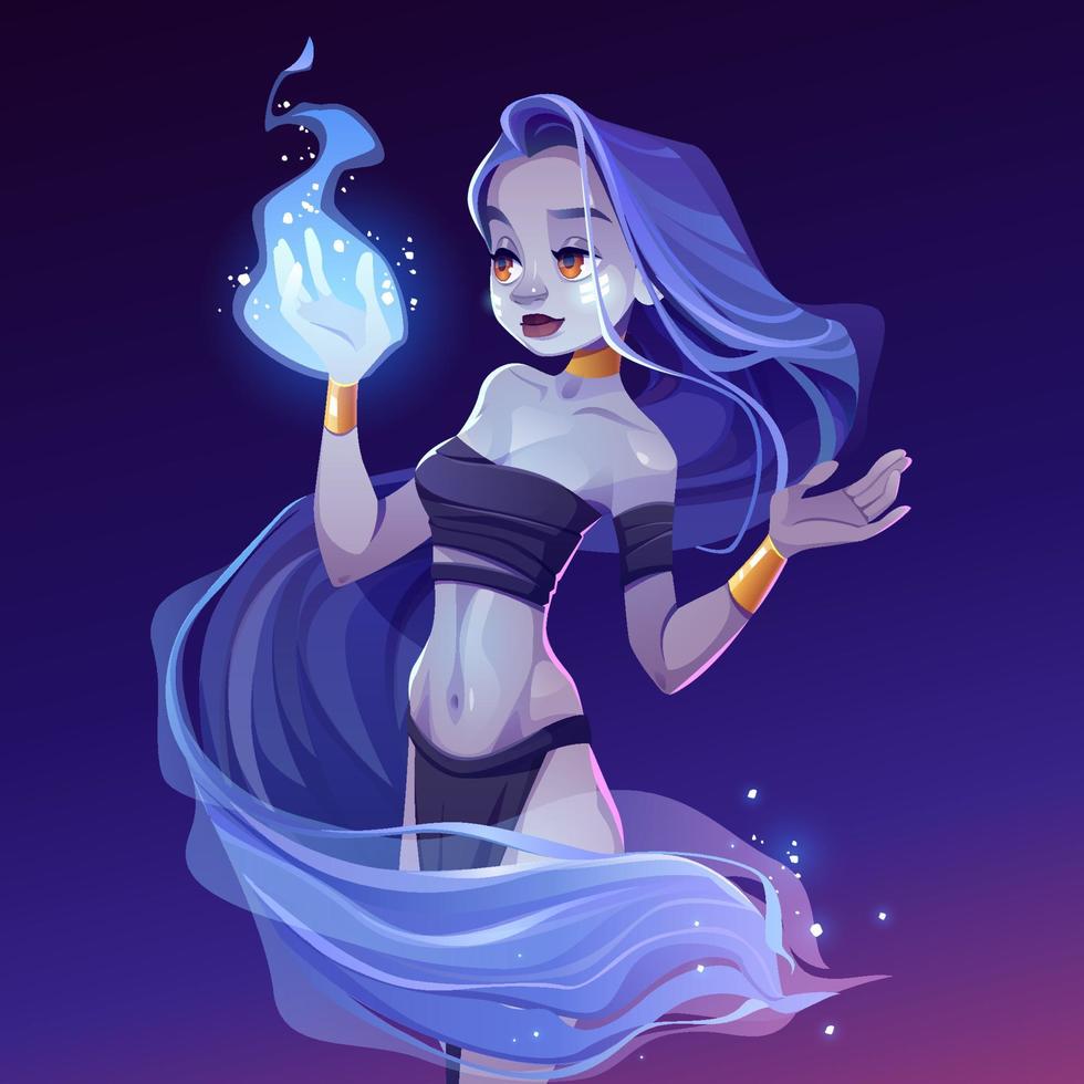 Magic woman, nymph looking on wizard fire on hand vector