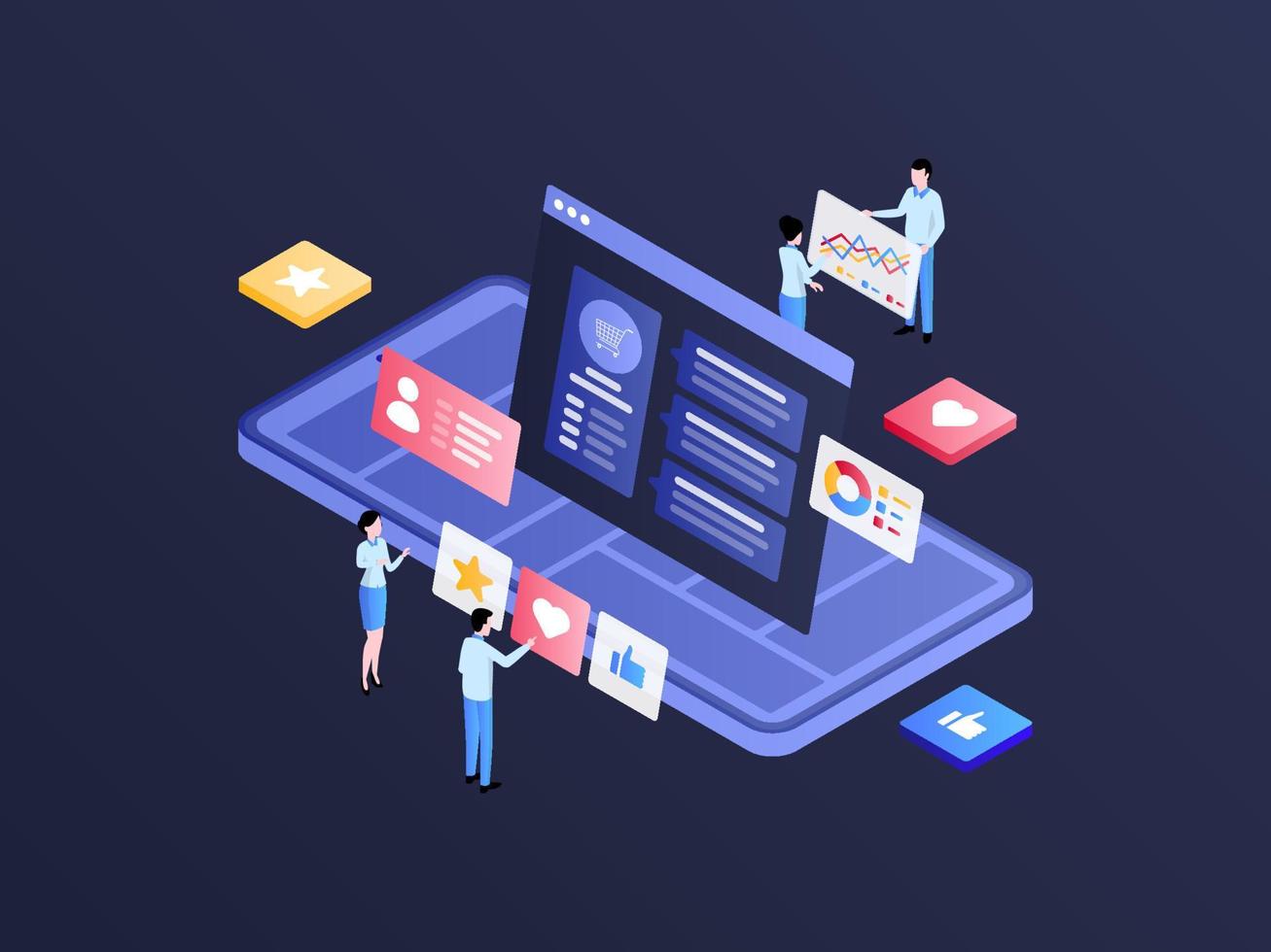 Testimonial Mobile Isometric Illustration Dark Gradient. Suitable for Mobile App, Website, Banner, Diagrams, Infographics, and Other Graphic Assets. vector