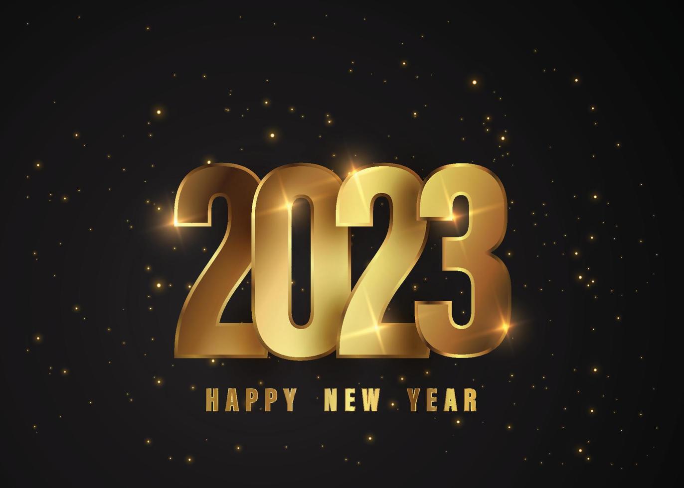 Happy New Year of glitter gold fireworks. Vector golden glittering text and 2023 numbers with sparkle shine for holiday greeting card.