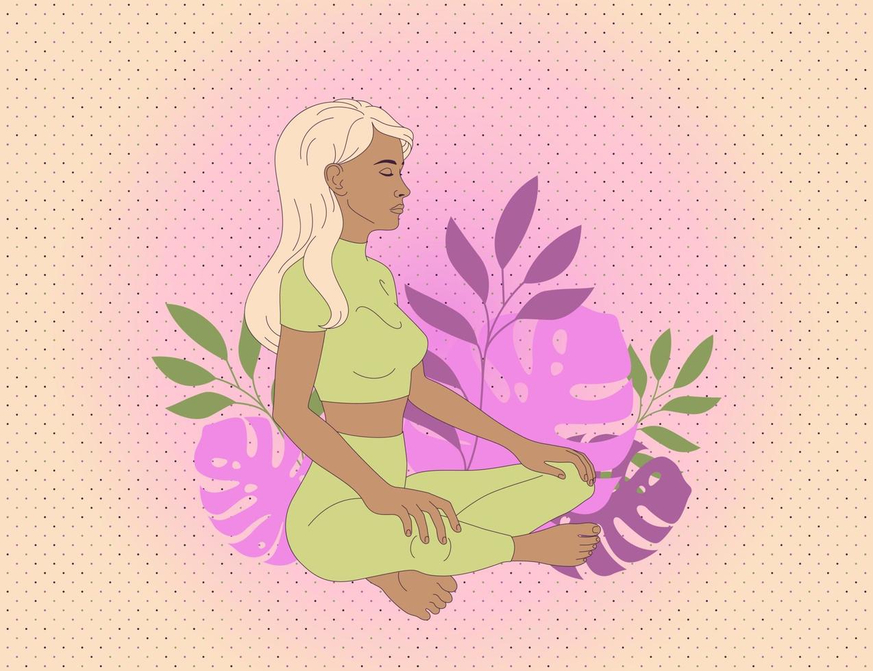 Woman meditates, relaxes, does yoga in the lotus position. Flat vector illustration.