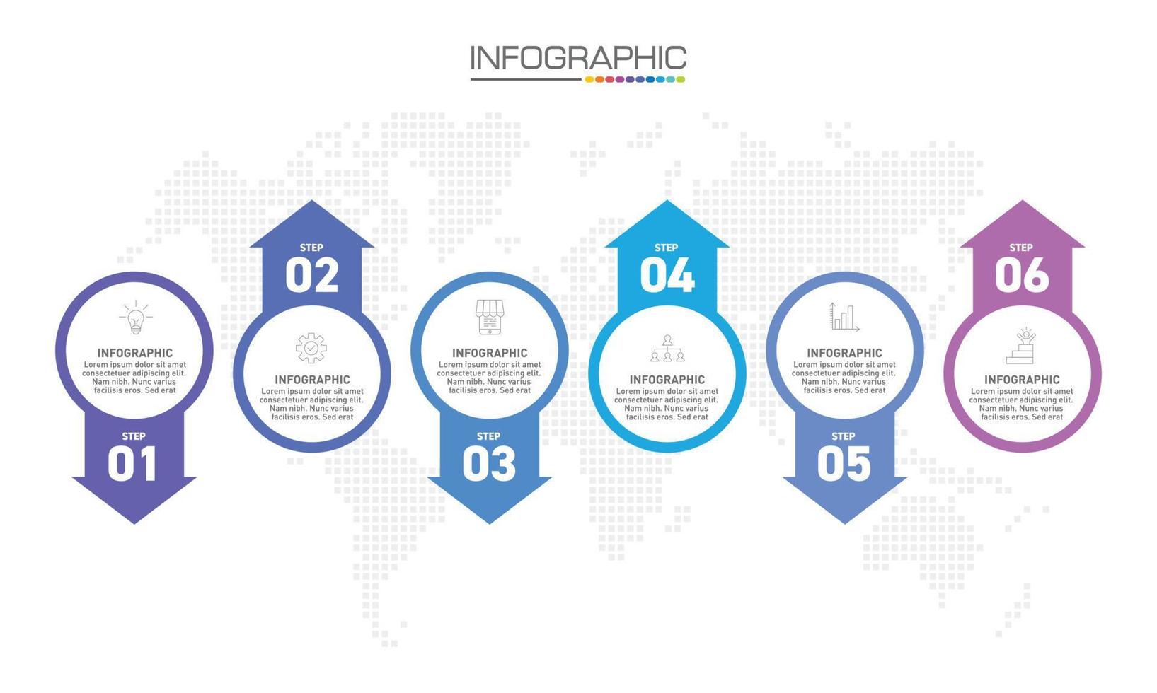Infographics design 6 steps with marketing icons can be used for workflow layout, diagram, annual report, web design. vector