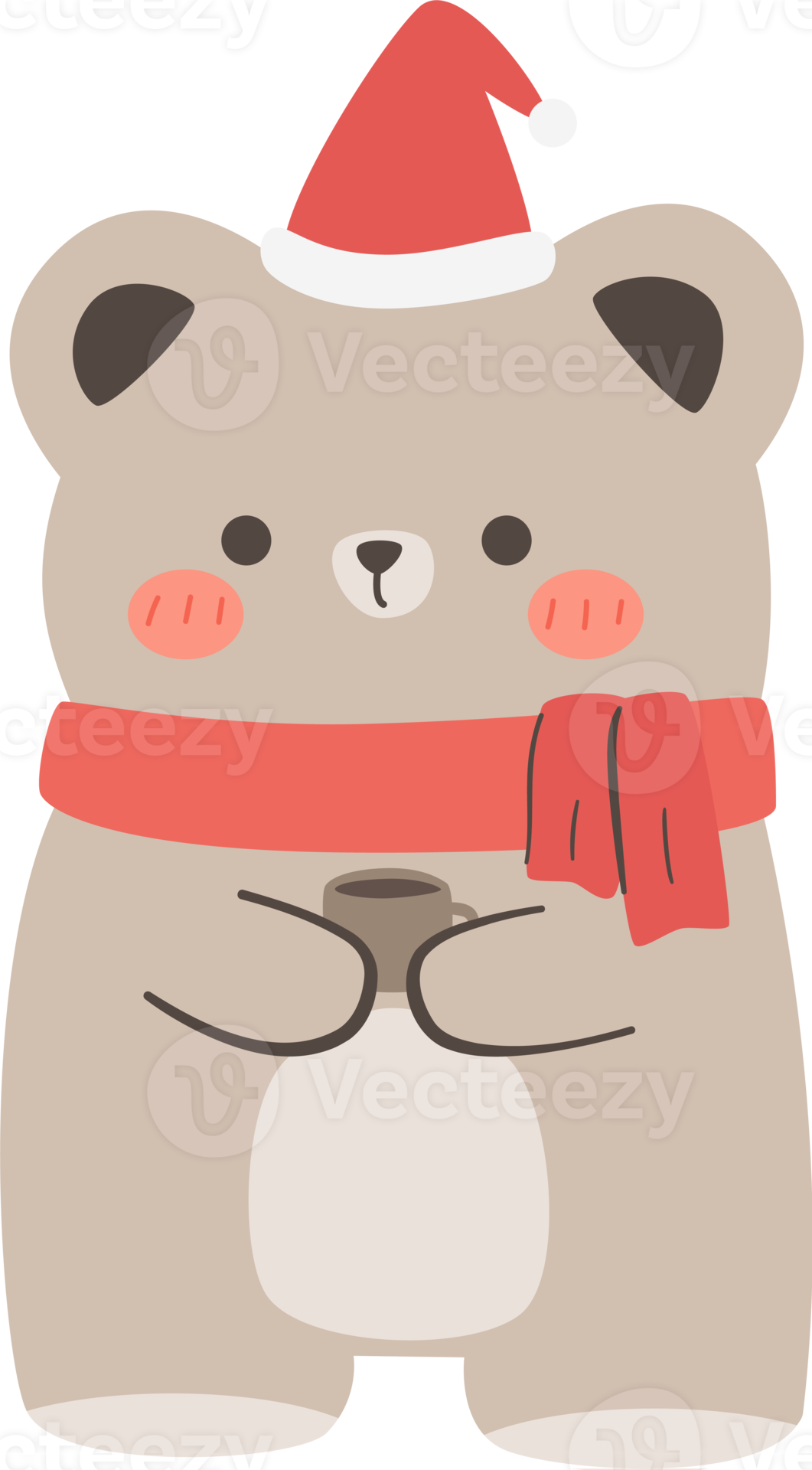 bear wears santa hat and red scarf flat style cartoon illustration