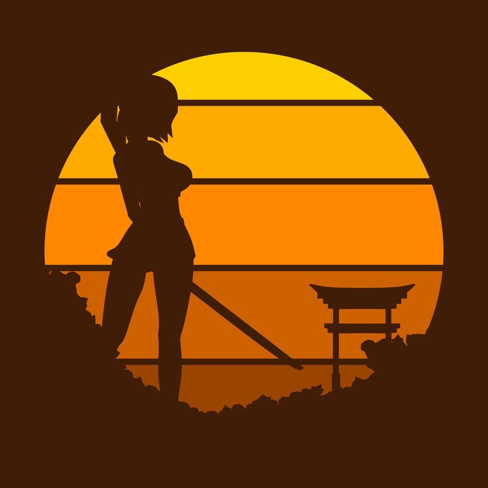 Samurai japan sword knight vector logo on circle sunset. Warrior background for t-shirt, poster, clothing, merch, apparel, badge design.