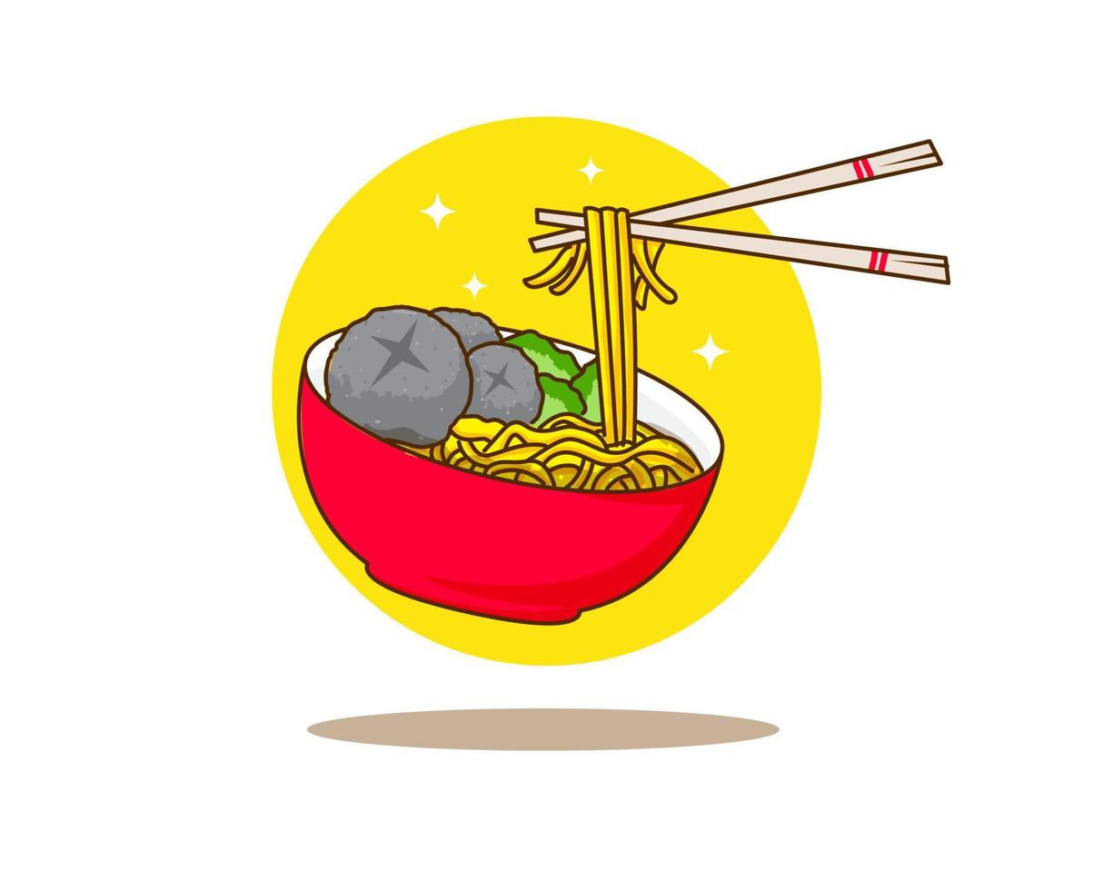 bakso o albóndigas con fideos y ícono de logo vegetal. estilo de dibujos animados plana. diseño de concepto de comida asiática. comida callejera tradicional indonesia. ilustración de arte vectorial fondo blanco aislado vector