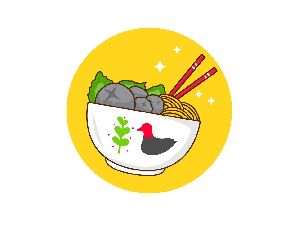 Bakso or meatball with Noodle and Vegetable logo icon. Flat cartoon style. Asian Food concept design. Indonesian traditional street food. Vector art illustration isolated white background